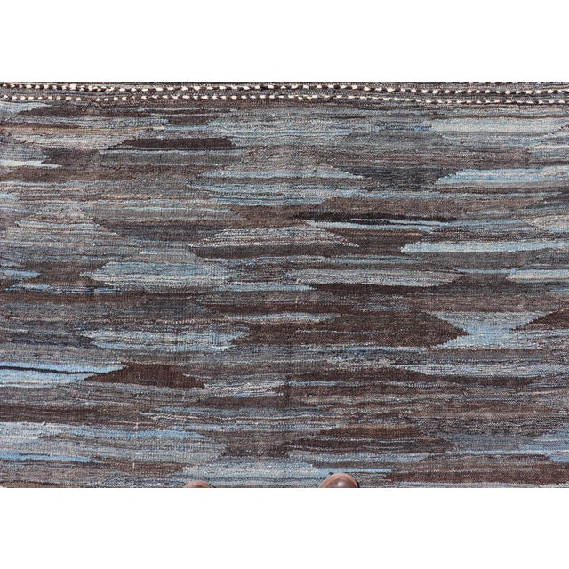 Modern Flatweave Kilim in Wool With Sub-Geometric Diamond Design in Blue and Charcoal For Sale - Image 10 of 13
