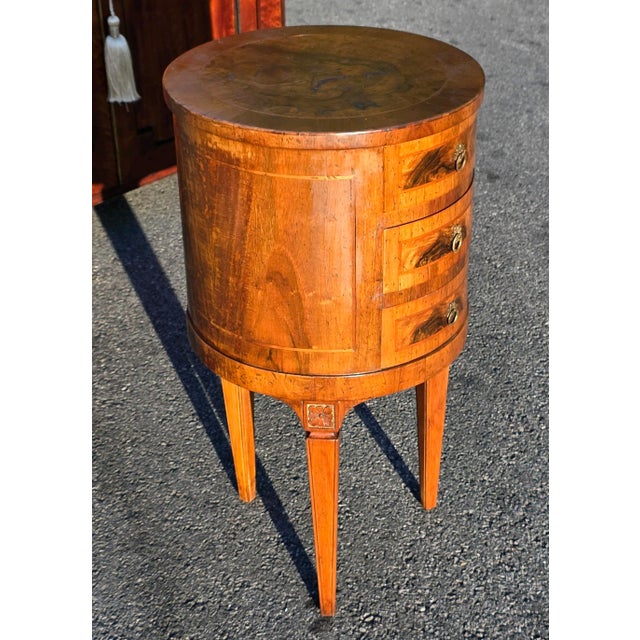 Antique Late 19th Century Italian Louis XVI Style Round Walnut W/Inlay 3-Drawer Side Table For Sale - Image 4 of 10