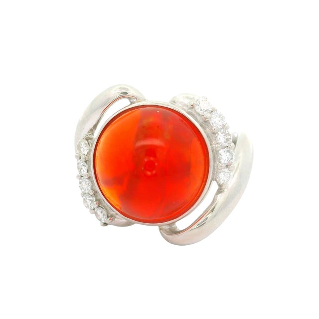 Contemporary 6.77 Carat Mexican Fire Opal Diamond Platinum Ribbon Ring, Size 7 For Sale - Image 3 of 6