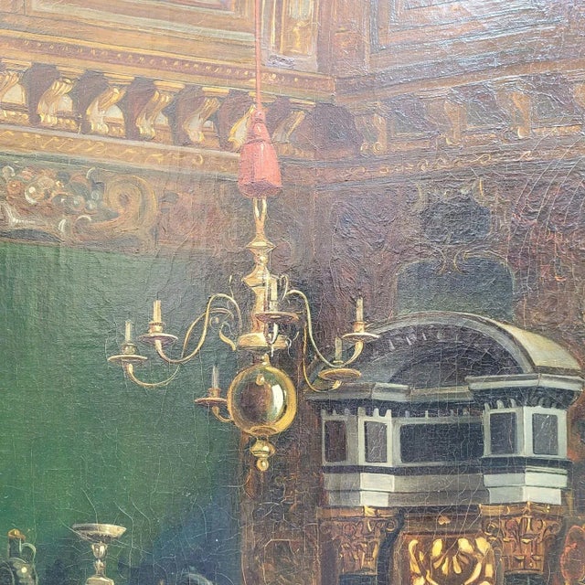 Framed oil on canvas depicting an interior scene in which a young man is reading. In this rich interior, two figures in...