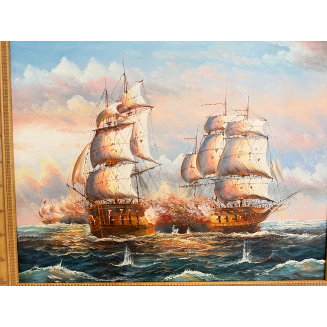 Original Marine Naval Battle Oil Painting Sailing Ships Seascape Framed, Signed For Sale - Image 9 of 12