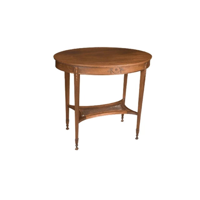 Early 20th Century Early 20th Century Antique English Hepplewhite Carved Bellflower Mahogany Caned Oval Side Table For Sale - Image 5 of 12