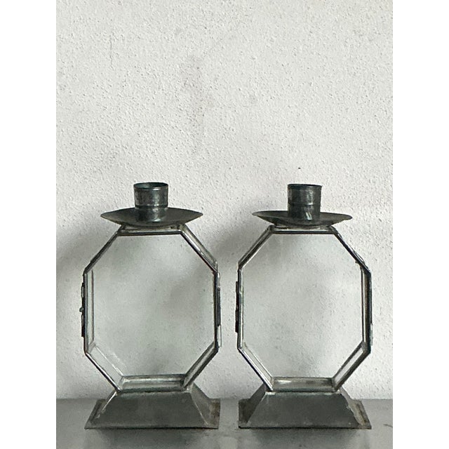 Vintage Boho Octagon Glass Case Candlesticks - A Pair For Sale - Image 4 of 7
