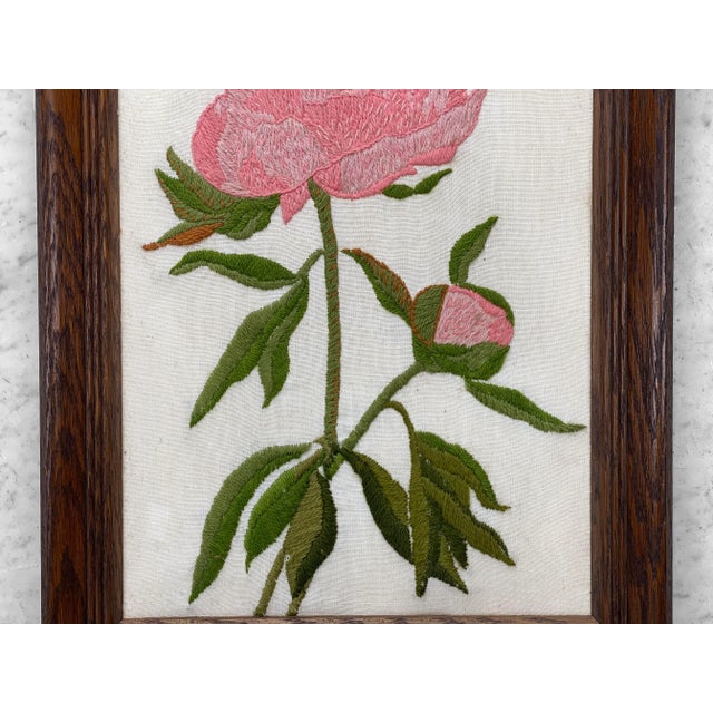 Pink Mid-Century Modern Crewel Embroidery Stitched Pink Rose Floral Art Wall Hanging For Sale - Image 8 of 11
