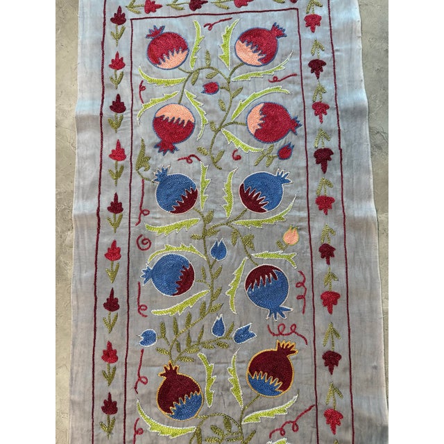 Ivory Silk Suzani Table Runner With Pomegranates For Sale - Image 4 of 8