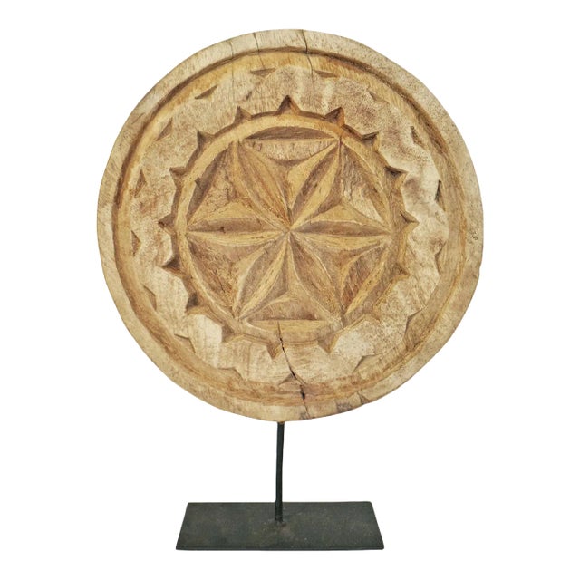 Vintage Wood Medallion on Stand For Sale