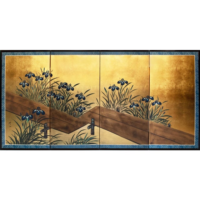 "Rinpa Iris Yatsuhashi" by Taizan, Heisei Era Japanese Painted Byobu Screen For Sale - Image 18 of 18