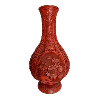 1970s Red Large Cinnabar Vase With Floral Scenes For Sale