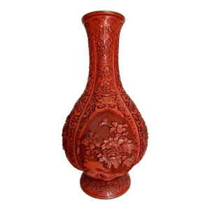 1970s Red Large Cinnabar Vase With Floral Scenes