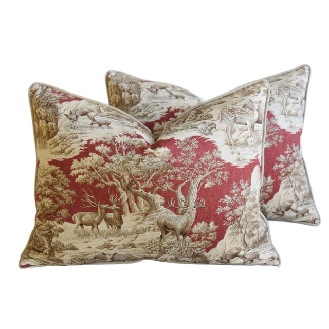Red Woodland Nature Toile Deer & Forrest Feather/Down Pillows - Pair For Sale - Image 8 of 8