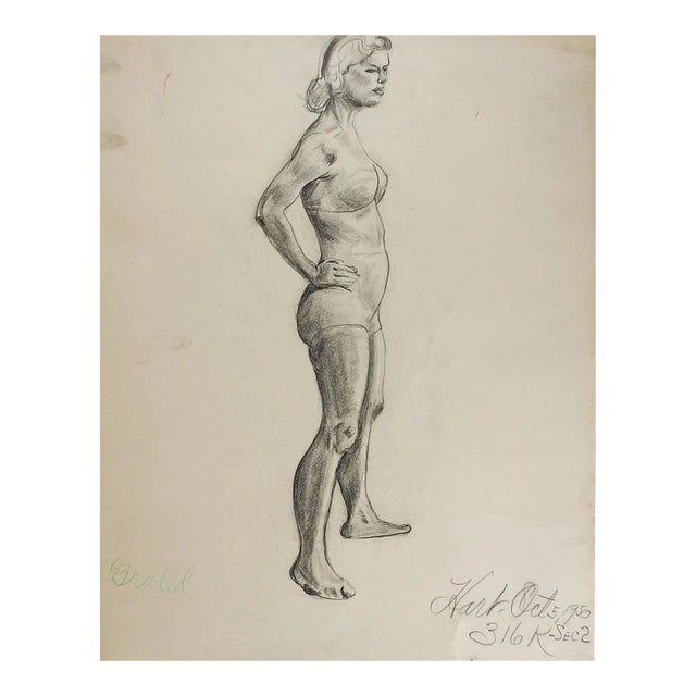 Vintage Mid 20th Century Charcoal Portrait Drawing of Woman For Sale