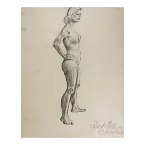 Vintage Mid 20th Century Charcoal Portrait Drawing of Woman