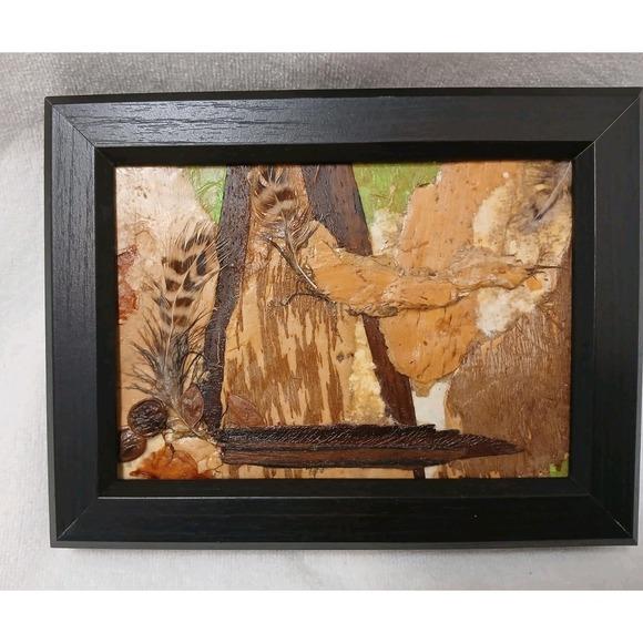 Mini Art Nature Collage painting Bark Wood Australia Paper Feathers Black Frame Artisan Handmade This framed nature...