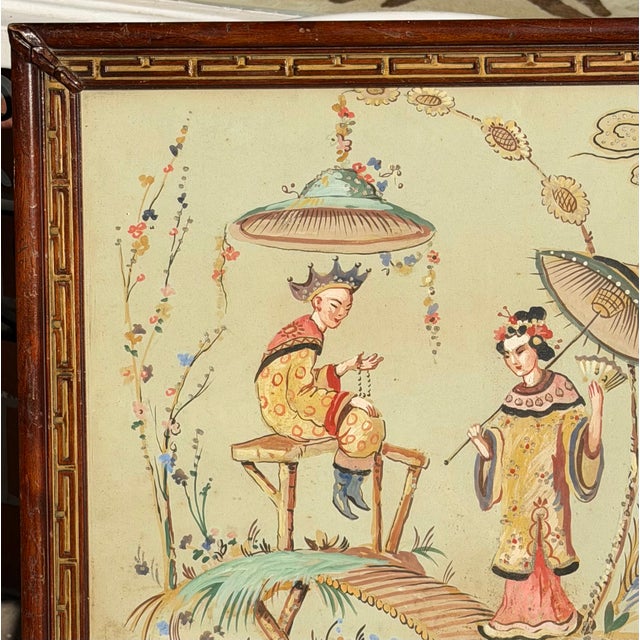 Antique Chinoiserie Gouache Painting of Chinese Couple in Art Deco Frame.