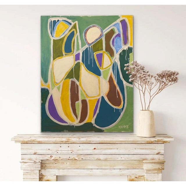 Overview A striking original 36x48 vertical abstract painting featuring bold, fluid geometry and an earthy, expressive...