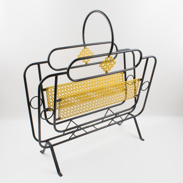 Mathieu Matégot Mid-Century Black, Yellow Lacquered Metal Magazine Holder For Sale In Atlanta - Image 6 of 17