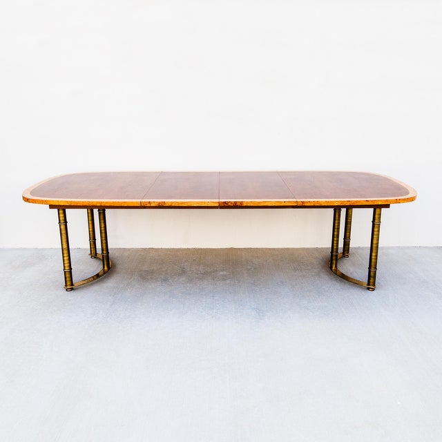 Restored 1970s Burl & Brass Mastercraft Dining Table With Two Leaves, Attributed For Sale - Image 11 of 13