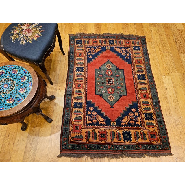 Vintage Kurdish Tribal Rug With Medallion Design in Red, Green & Saffron For Sale - Image 18 of 18