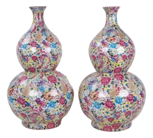 Pair of Antique Chinese Famille Rose Vase Thousand Flower Hu Lu