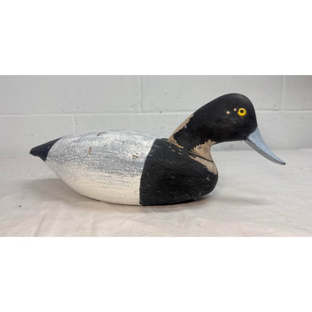 Folk Art Antique Hand Carved Wood Folk Art Bluebill Drake Duck Decoy Bird Sculpture For Sale - Image 3 of 12