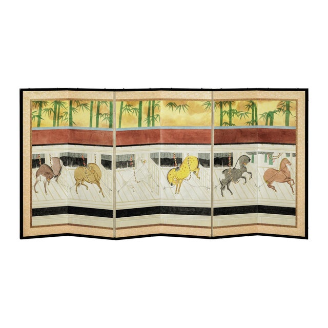 Japanese Inspired Six-Panel Screen with Horses in Stable with Bamboo Backdrop For Sale - Image 13 of 18