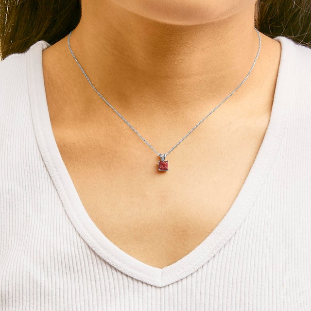 14K White Gold 5x5 MM Square Shaped Red Garnet Solitaire Pendant Necklace For Sale - Image 4 of 5