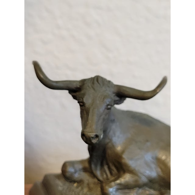 Signed Bronze “Range Baron” Longhorn Sculpture on Wood Base For Sale - Image 4 of 12