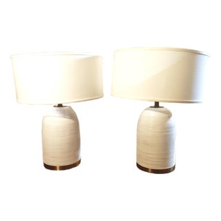 Palecek Rivoli Modern Classic White Leather Table Lamps- Set of 2 For Sale