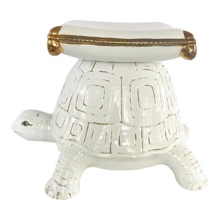 White Glazed Ceramic Turtle Garden Stool With Gold Accents For Sale