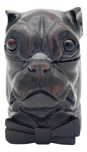 19th Century Victorian Blackened Lignum Vitae Bull/Pug Dog with Bow Tie Inkwell