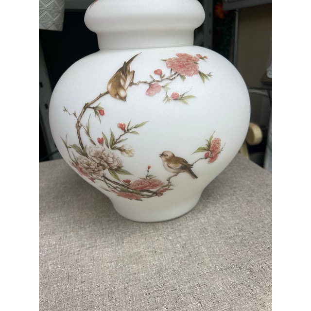 Glass 1970s Italian Opaque White Birds and Floral Vase With Lid For Sale - Image 7 of 8
