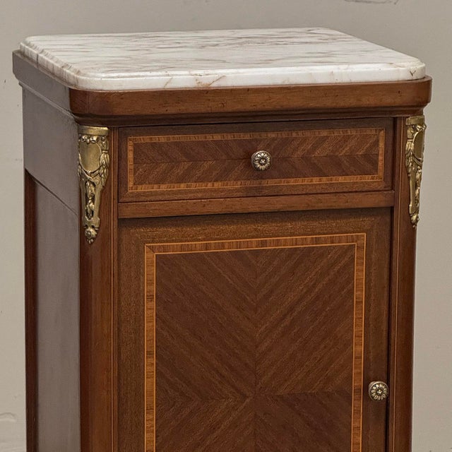 Pair of Antique French Louis XVI Marquetry Marble Top Nightstands ~ End Tables For Sale In Dallas - Image 6 of 18