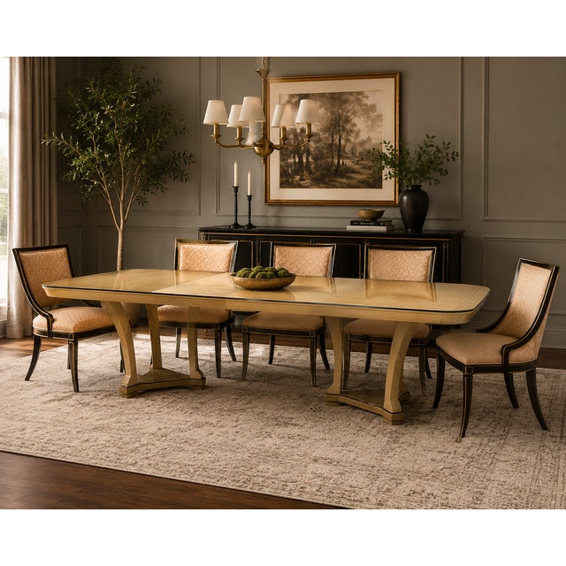 Elegant and refined, this Century Furniture dining table showcases a beautifully figured light burl wood veneer accented...