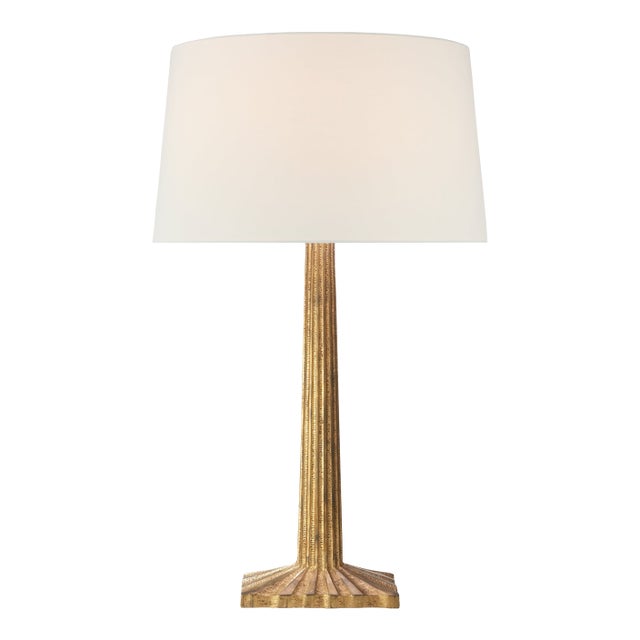 Chapman & Myers by Visual Comfort Signature Strie Fluted Column Table Lamp in Gilded Iron with Linen Shade For Sale