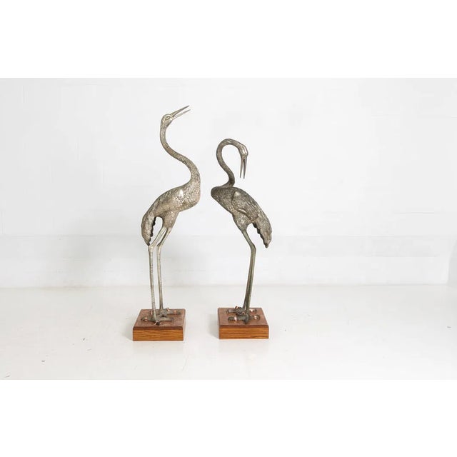 Wood Monumental Pair of Silvered Crane Sculptures on Wooden Plinth Bases | 20th Century For Sale - Image 7 of 13