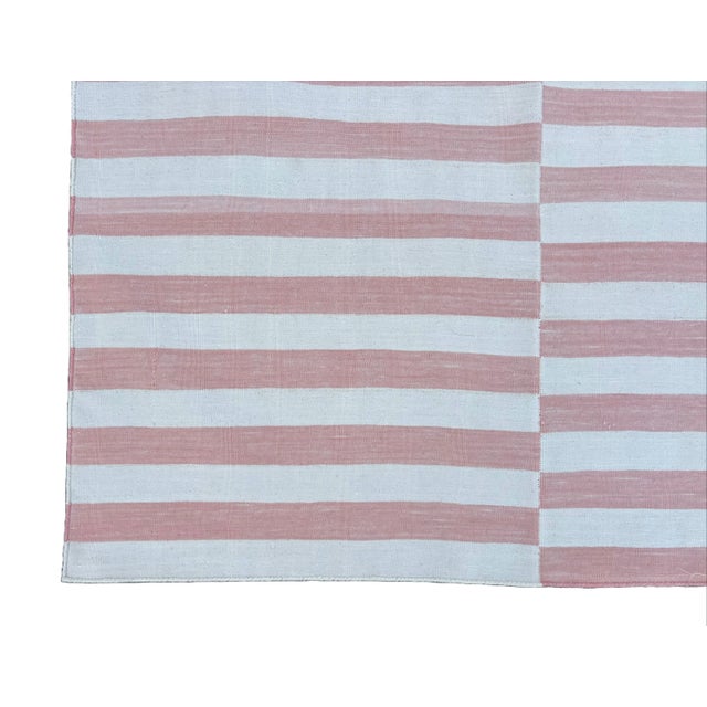 Handwoven Cotton Area Rug, Vegetable Dyed, Pink and Cream Striped Dhurrie - 12'x15' For Sale - Image 10 of 10