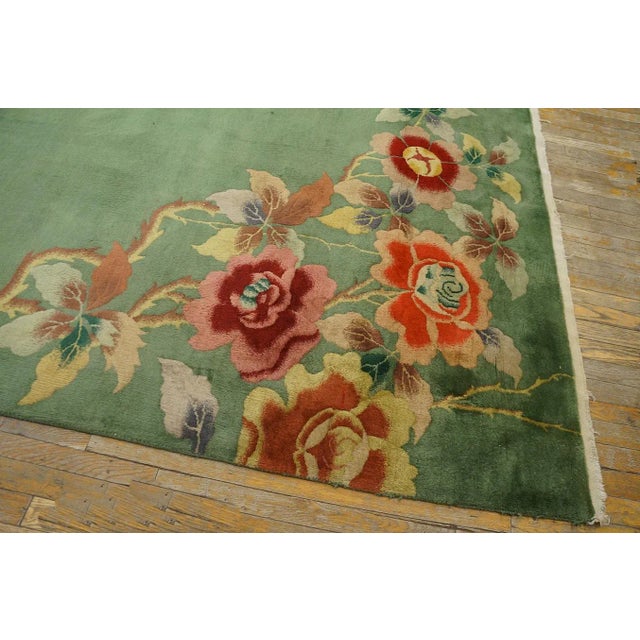 1930s Green Open Floral Antique Chinese Art Deco Carpet 8' 7" X 11' 4" Knotted Pile Wool Rug For Sale - Image 10 of 12
