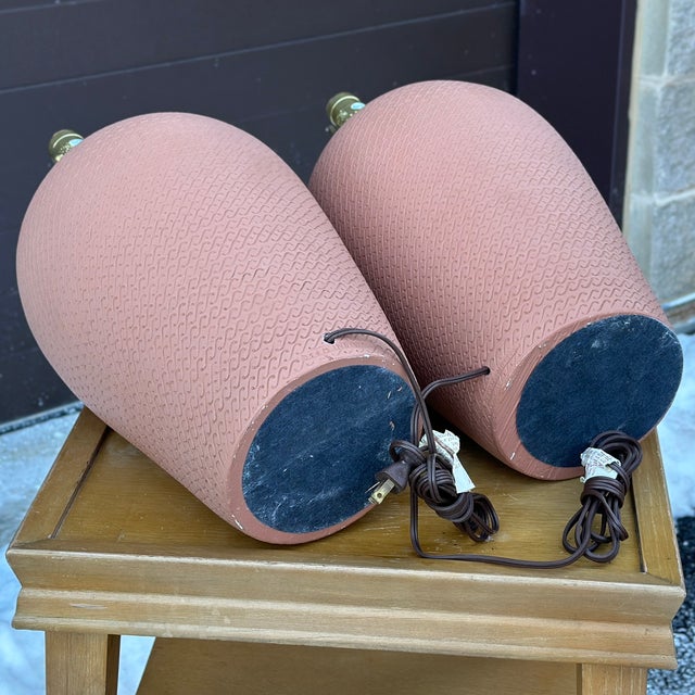 1980's Incised Wave Plaster Table Lamps in Terra Cotta - a Pair For Sale - Image 9 of 12