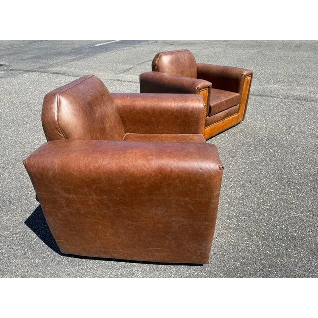 Art Deco Pair of Fully Restored French Art Deco Two-Tone Leather Club Chairs For Sale - Image 3 of 15