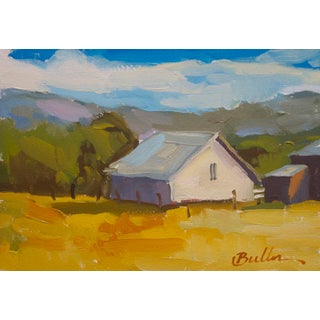 Golden Farmland by Samantha Buller | Oil on panel Landscape of a farmhouse in a golden field. For Sale