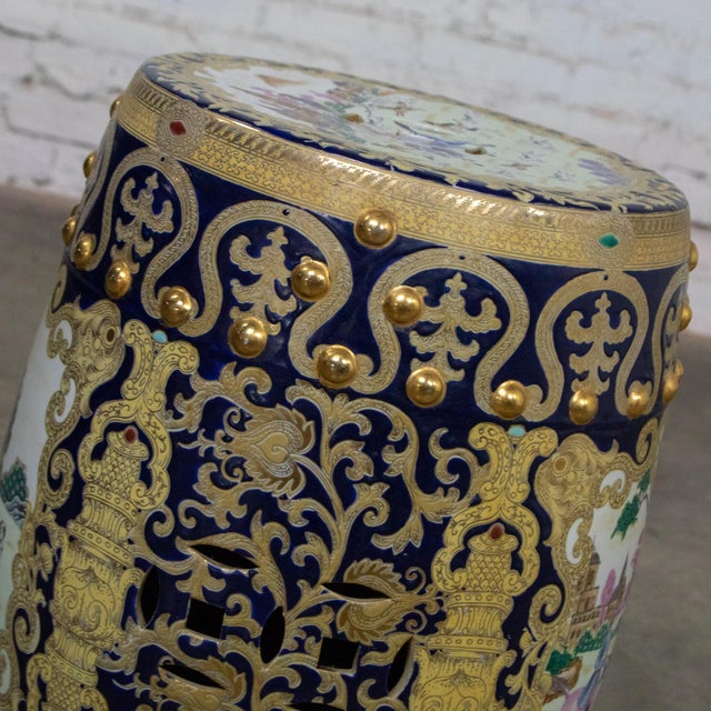 20th Century Chinoiserie Asian Garden Stool or Plant Stand Ornate Hand Painted Glazed Ceramic For Sale - Image 9 of 18