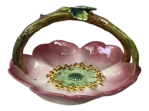 C.1890 French Majolica Wild Rose Basket Delphin Massier