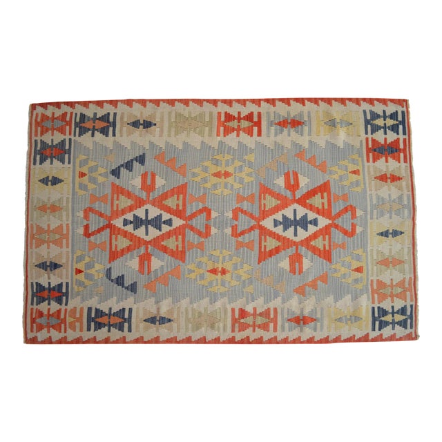 Vintage Turkish Kilim – Handwoven Wool Flat Weave Rug With Tribal Geometric Design For Sale
