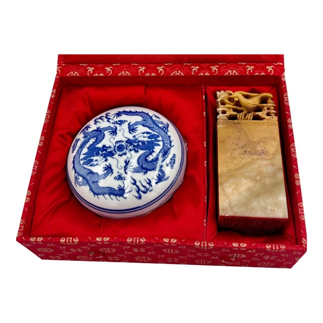 Vintage Chinese Dragon & Phoenix Hand Carved Soapstone Seal & Red Ink Pot Set For Sale