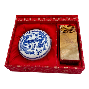 Vintage Chinese Dragon & Phoenix Hand Carved Soapstone Seal & Red Ink Pot Set