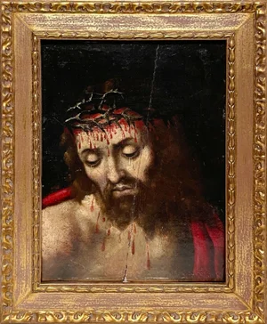 Impressive French School 17th/18th Century Oil on Panel Portrait of Christ and Crown of Thorns