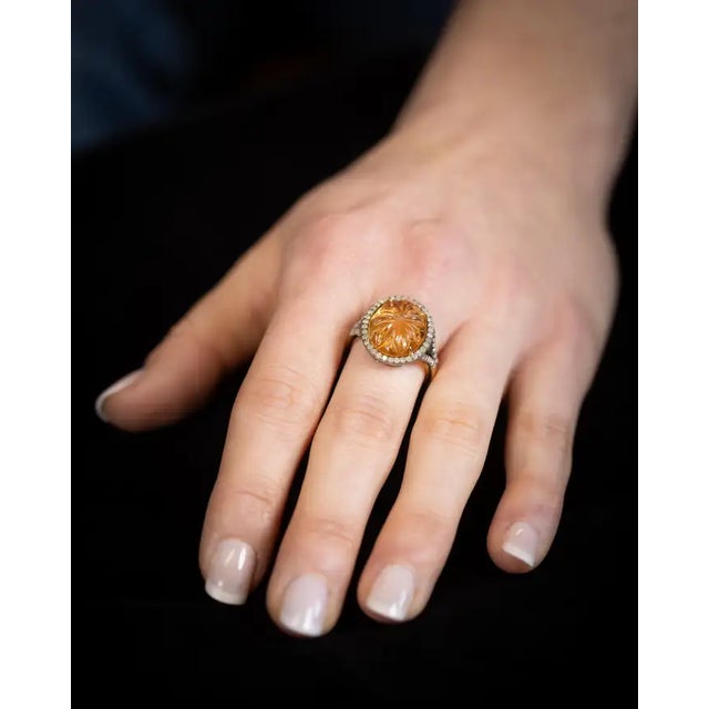 Contemporary 1990s Carved Citrine and Diamond Dome Ring, Size 6.75 For Sale - Image 3 of 4
