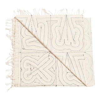 White Hand Embroidered Katha Bedspread With Minimal All Over Pattern For Sale