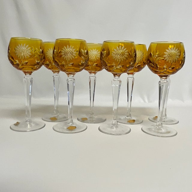 Art Nouveau Mid-Century Hollywood Regency German Amber Hand Cut Crystal Wine Glasses - Set of 8. For Sale - Image 3 of 12