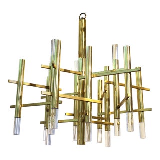 Sciolari Italian Atomic Era Chandelier in Polished Brass with Cylindrical Prisms For Sale